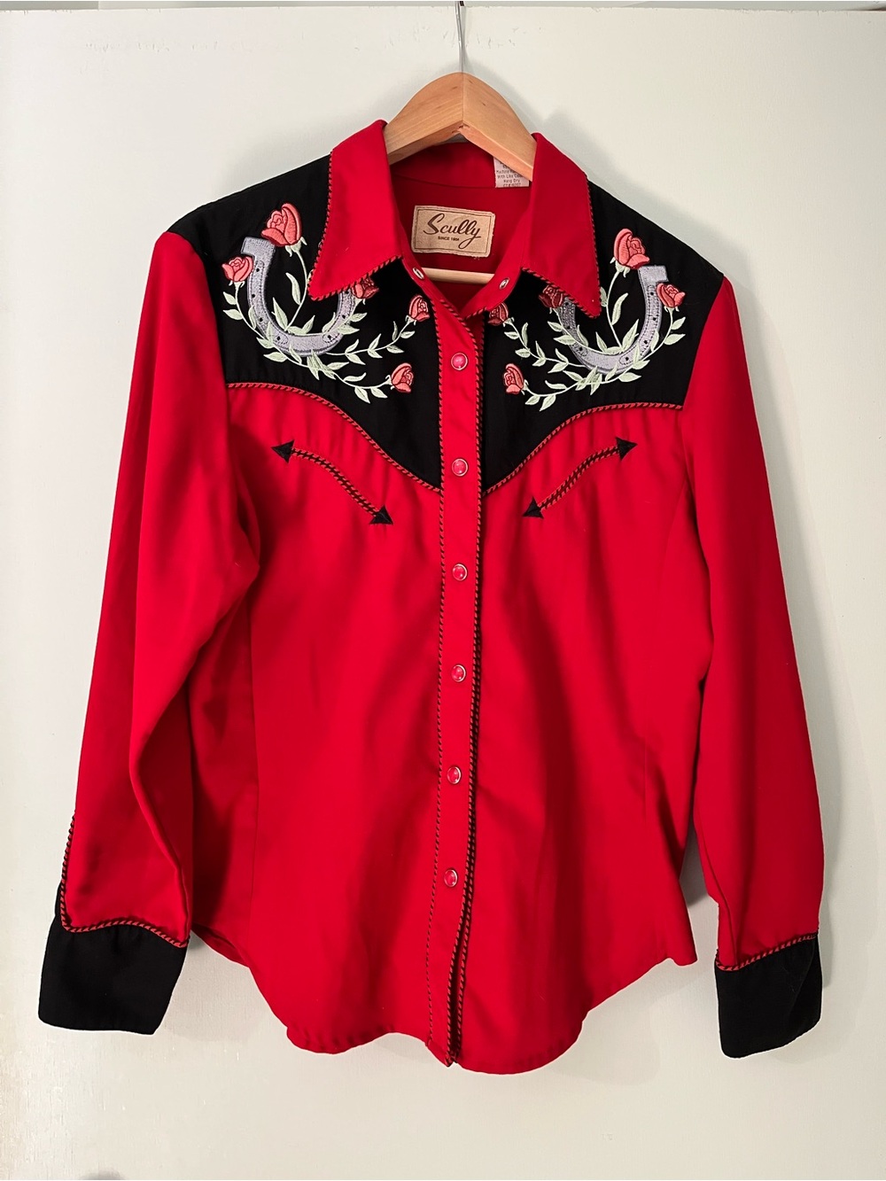 Scully Red and Black Western Button-Down Shirt with Embroidered Roses